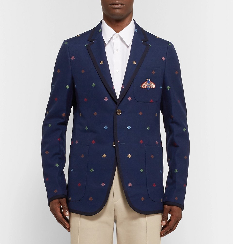 Gucci - Navy Appliquéd Embroidered Cotton-Piqué Blazer - Men - Navy