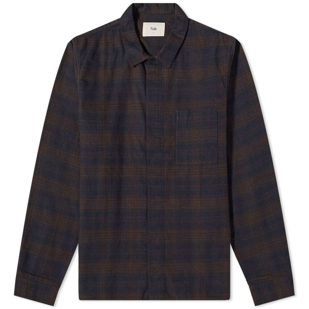 Folk Men's Patch Shirt in Navy Brown Check Folk