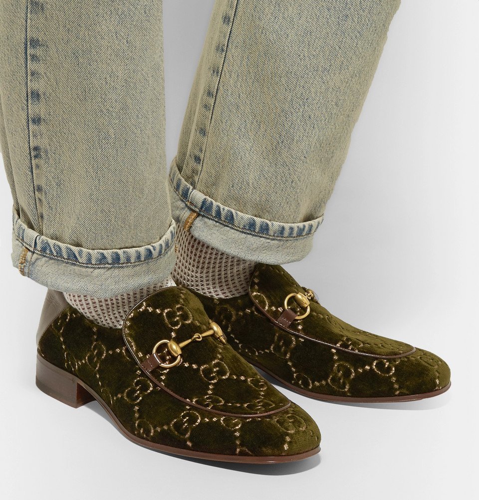 Gucci - Horsebit Collapsible-Heel Leather-Trimmed Embroidered Velvet Loafers  - Men - Army green Gucci