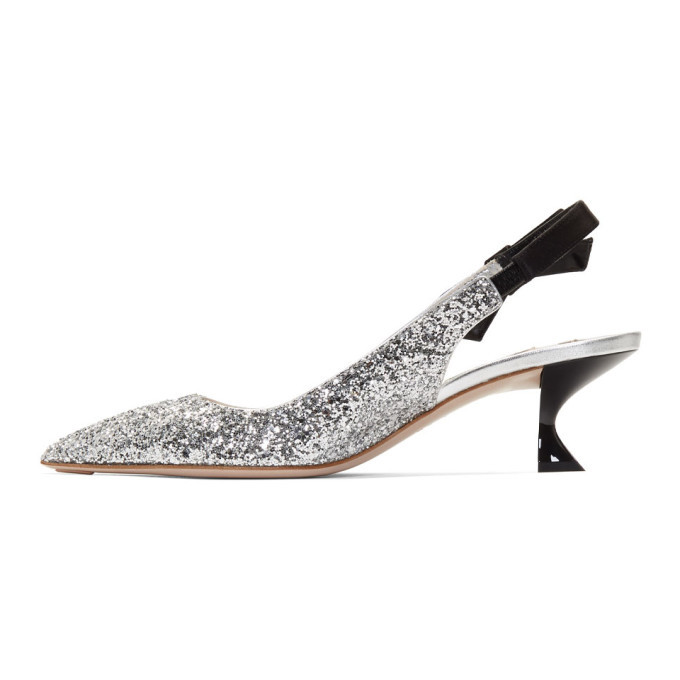 Miu Miu Silver Glitter Satin Ribbon Heels Miu Miu