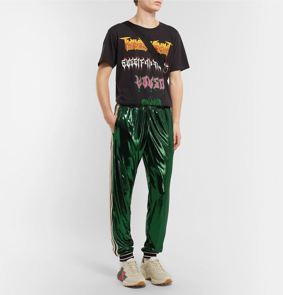 Gucci - Tapered Webbing-Trimmed Coated-Jersey Track Pants - Men 