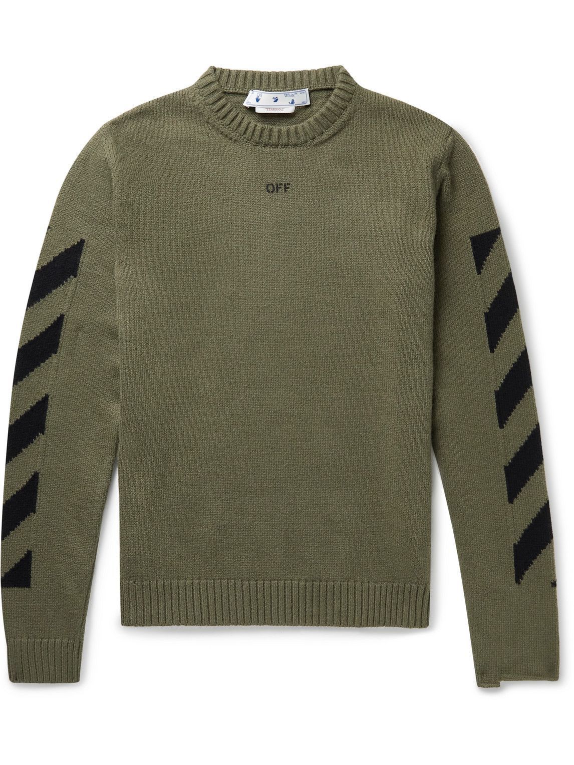 Photo: Off-White - Distressed Logo-Jacquard Cotton-Blend Sweater - Green