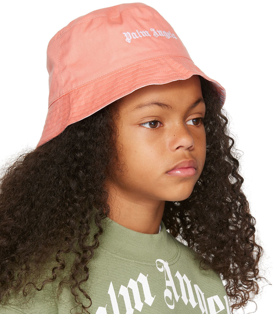 Palm Angels Kids Pink Embroidered Bucket Hat Palm Angels