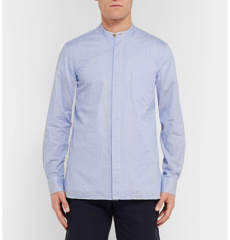 Grandad-Collar Striped Textured-Cotton 