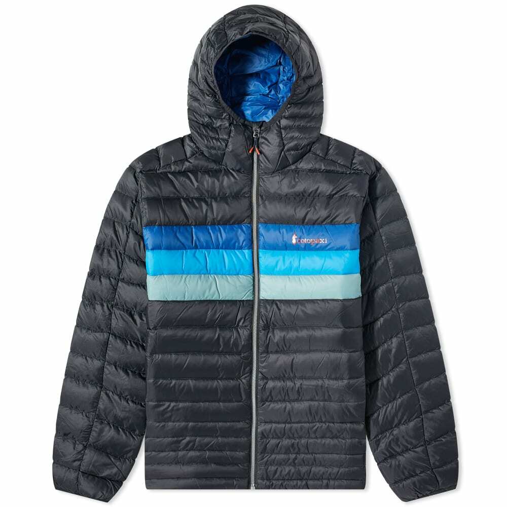Cotopaxi Men's Fuego Down Hooded Jacket in Black/Pacific Stripes Cotopaxi