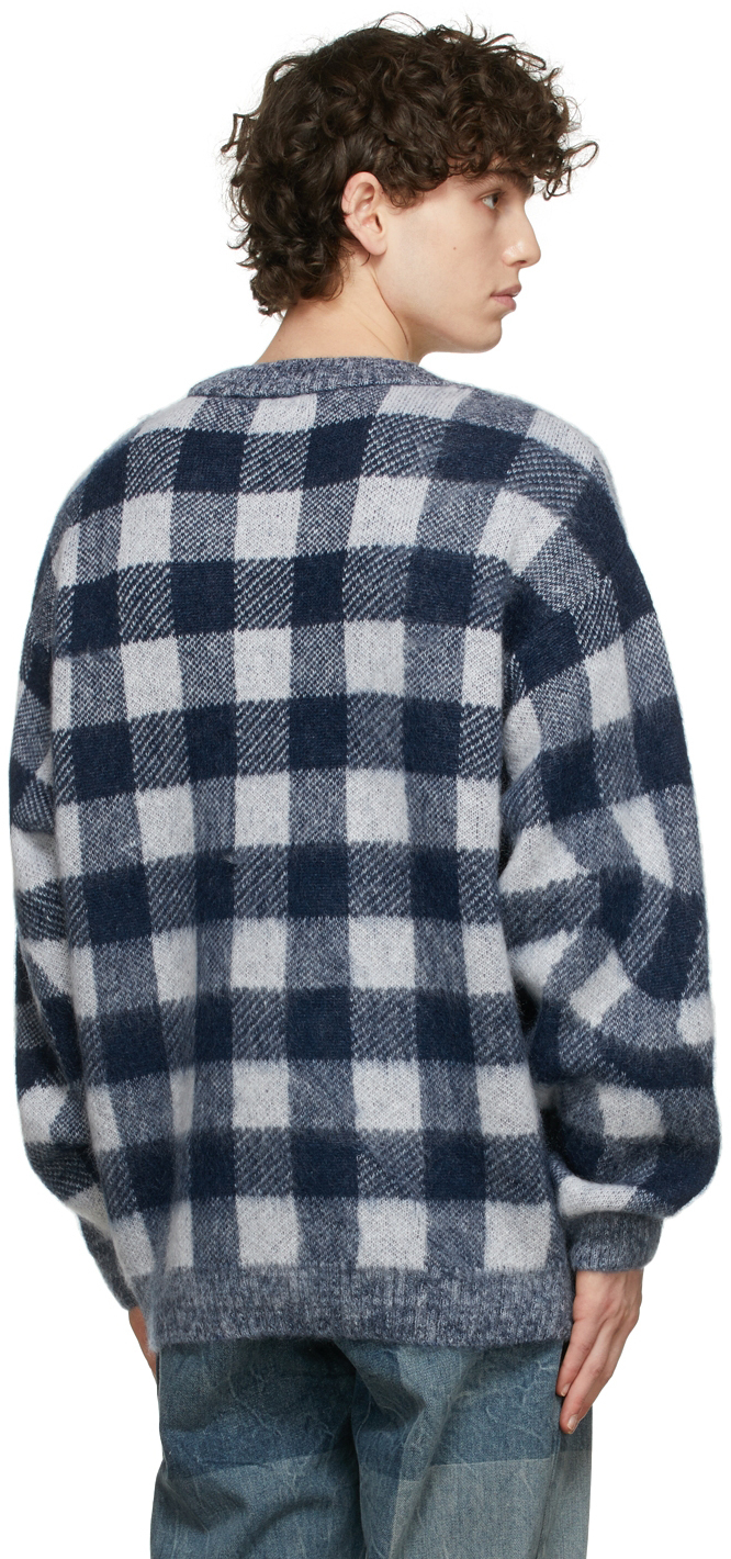 032c White & Blue Check Crewneck Sweater