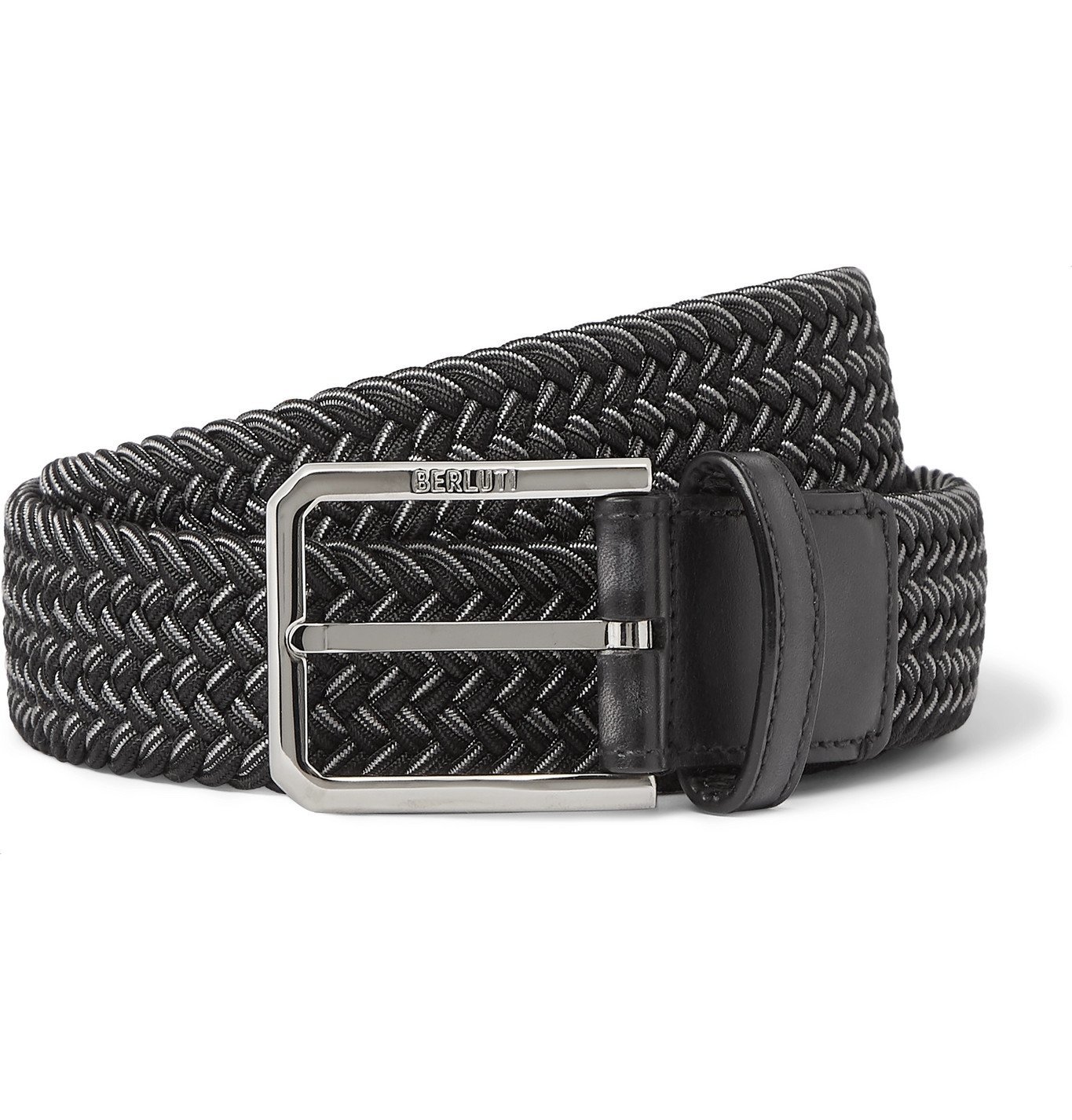 Berluti - 3cm Leather-Trimmed Woven Elastic Belt - Black Berluti