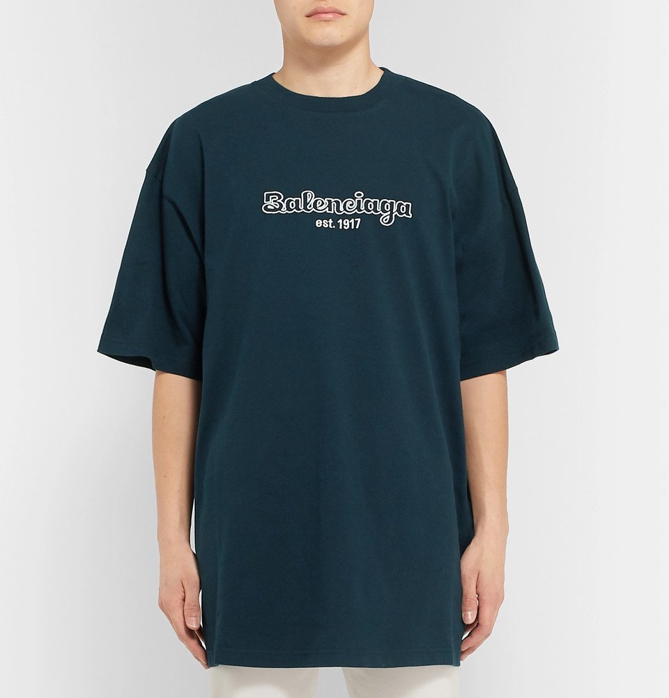 Balenciaga Oversized Logo Embroidered Cotton Jersey T Shirt Navy Balenciaga