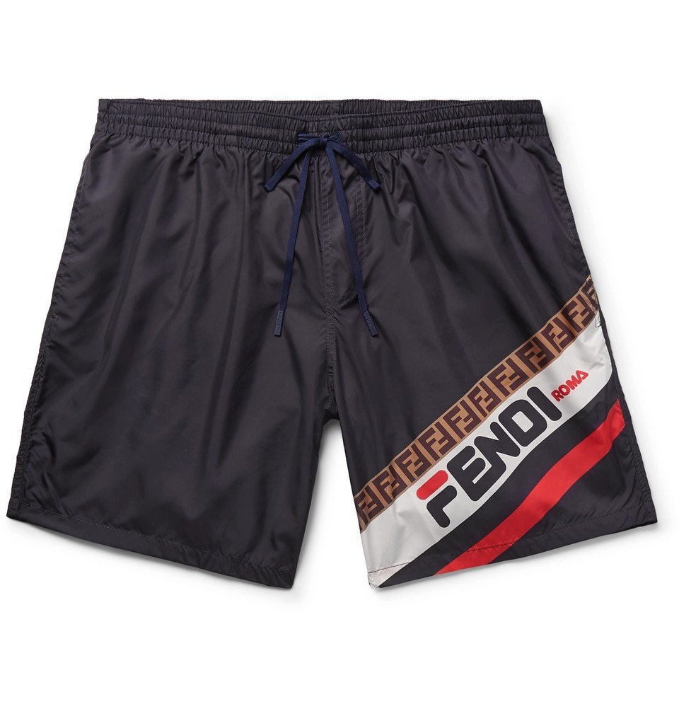 Fendi - Slim-Fit Short-Length Logo-Print Swim Shorts - Men - Navy Fendi