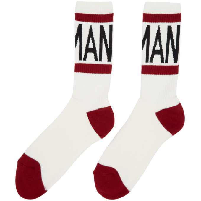 Junya Watanabe White and Red Cotton Pile Logo Socks Junya Watanabe