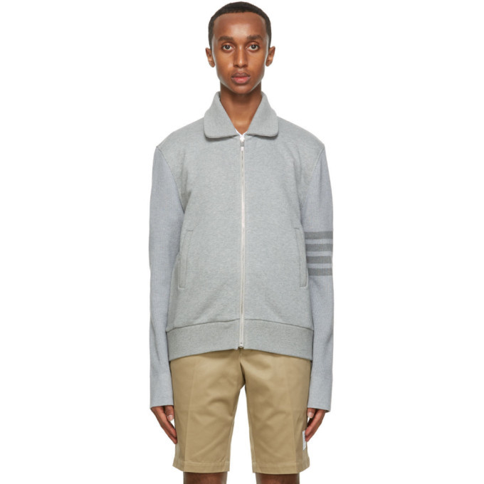 Thom Browne Grey French Terry 4-Bar Bomber Jacket Thom Browne