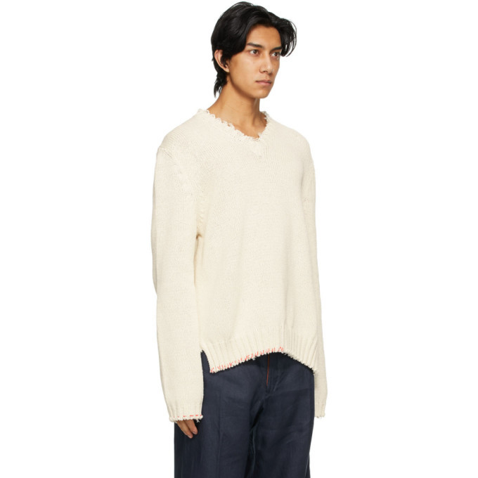 Maison Margiela Off-White Distressed V-Neck Sweater Maison Margiela