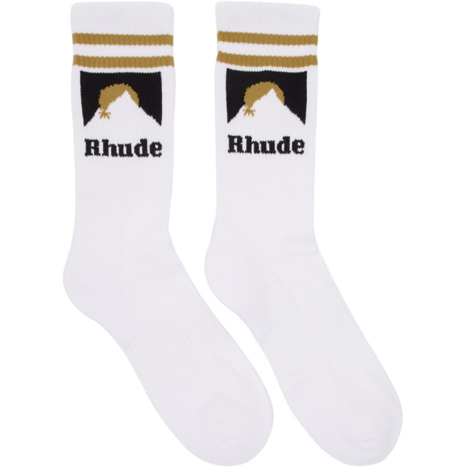 Rhude White and Gold Mountain Logo Socks Rhude