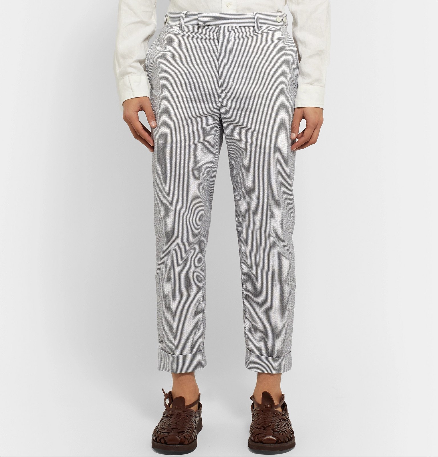 Beams Plus - Cropped Striped Seersucker Trousers - White Beams Plus