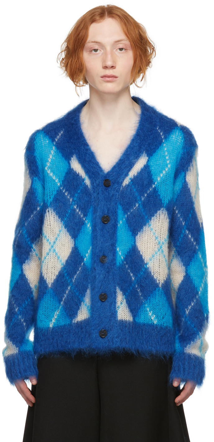 Marni Blue Iconic Mohair Argyle Cardigan Marni