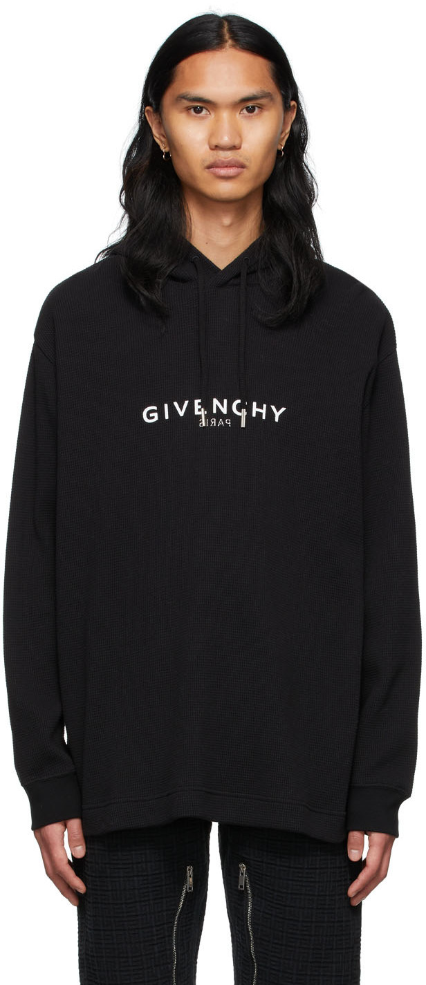 Givenchy Black Reversed Logo Waffle Hoodie Givenchy