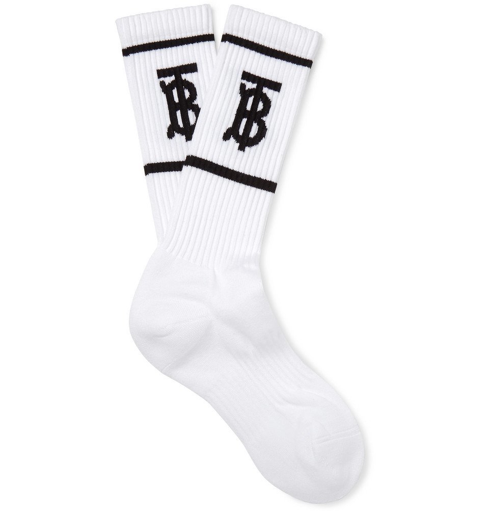 Burberry - Logo-Intarsia Stretch Cotton-Blend Socks - White Burberry