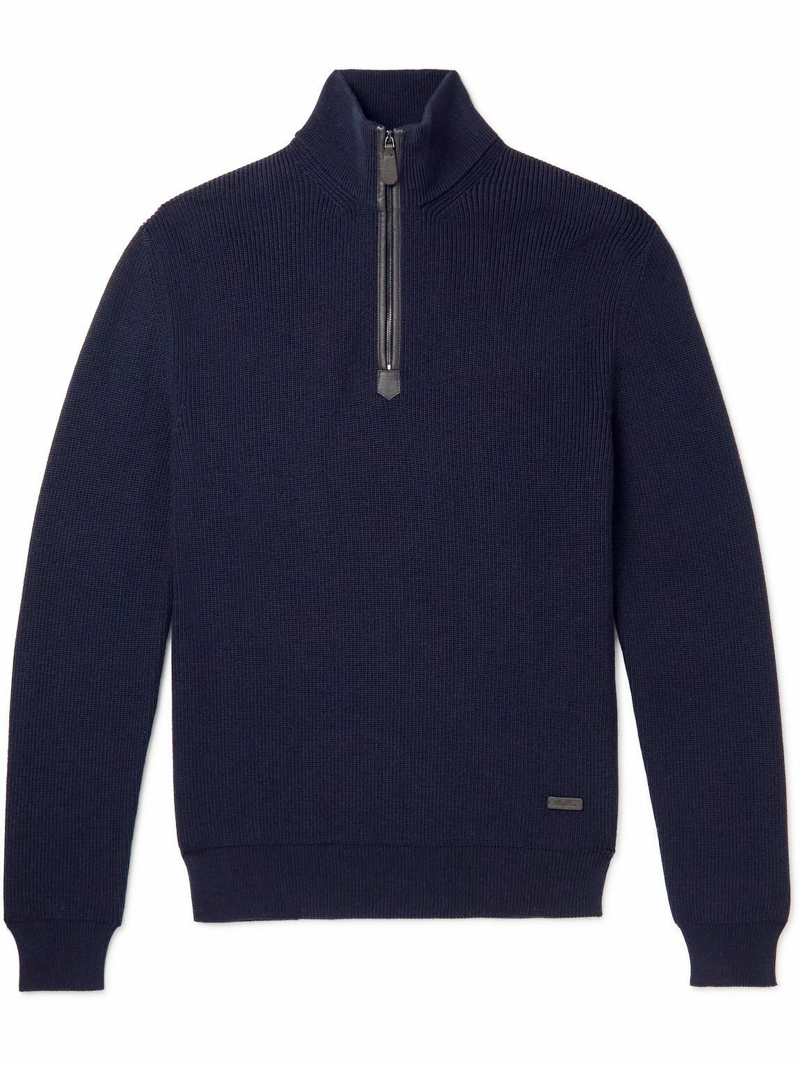 Loro Piana - Leather-Trimmed Ribbed Wool Half-Zip Sweatshirt - Blue ...