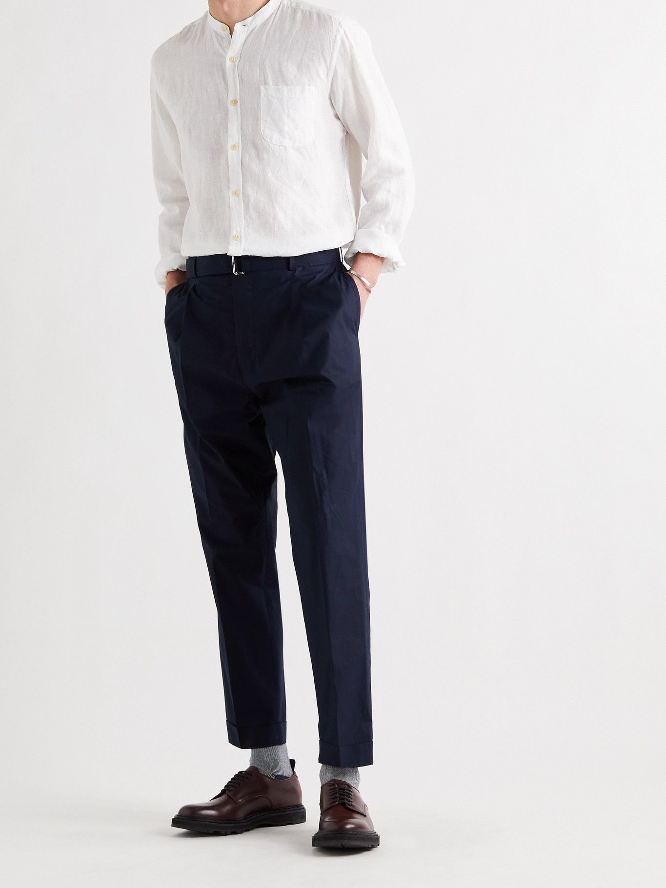 OLIVER SPENCER - Grandad-Collar Striped Cotton Shirt - White