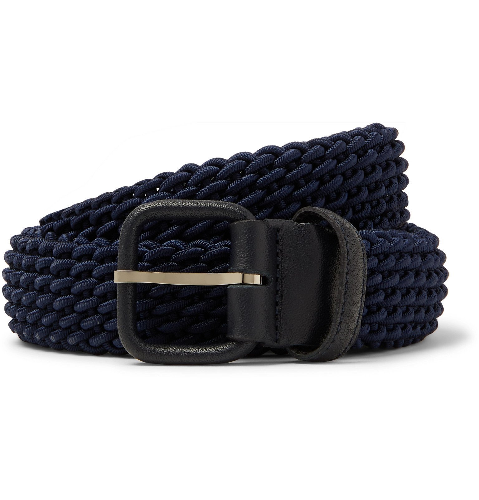 Charvet - 3cm Brown Leather-Trimmed Woven Elastic Belt - Blue Charvet