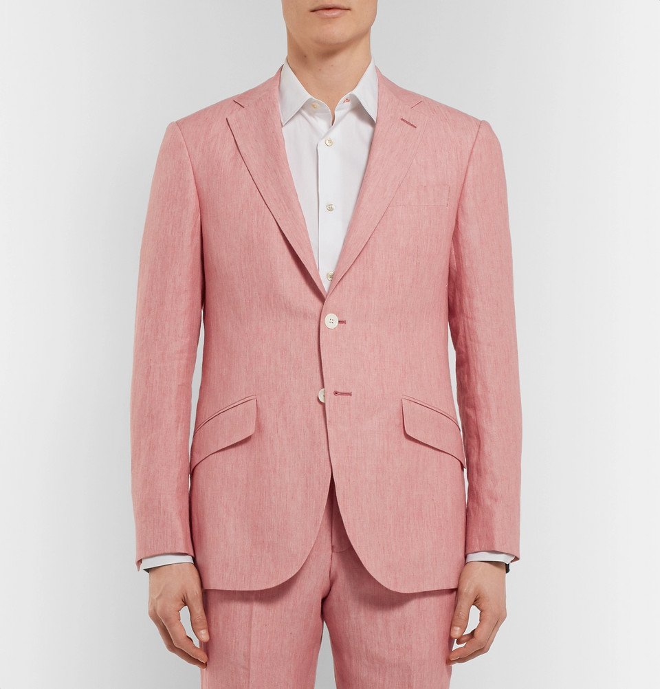 coral linen suit