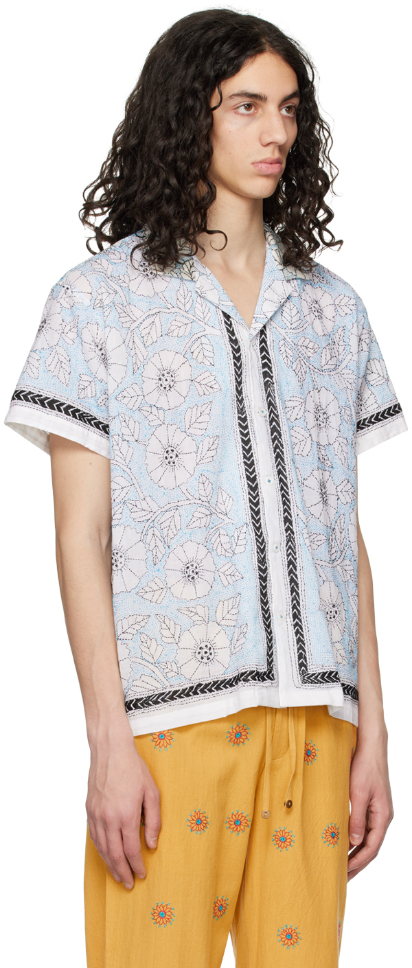HARAGO White & Blue Floral Shirt