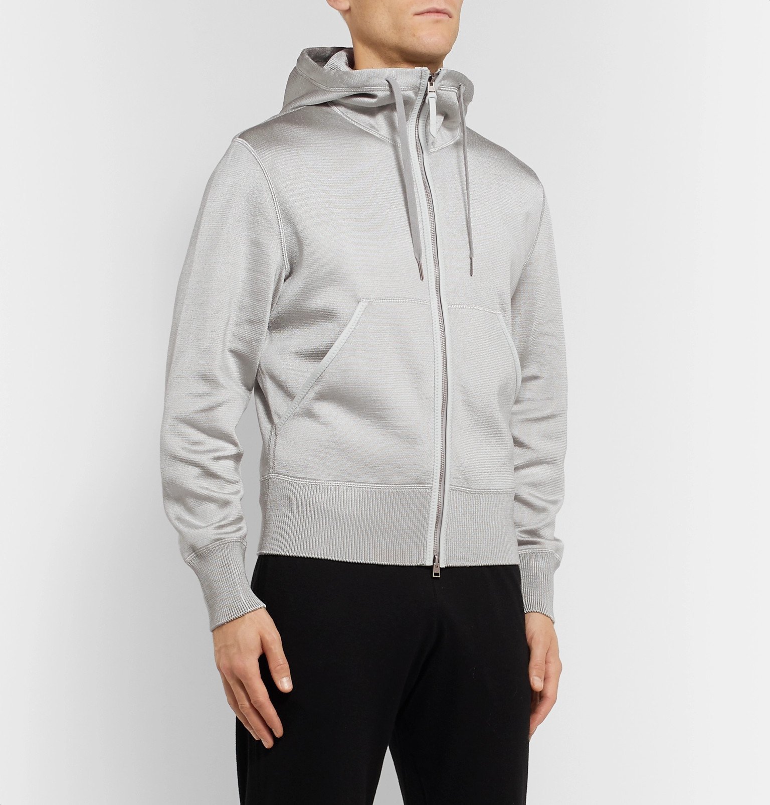 TOM FORD - Leather-Trimmed Jersey Zip-Up Hoodie - Silver TOM FORD