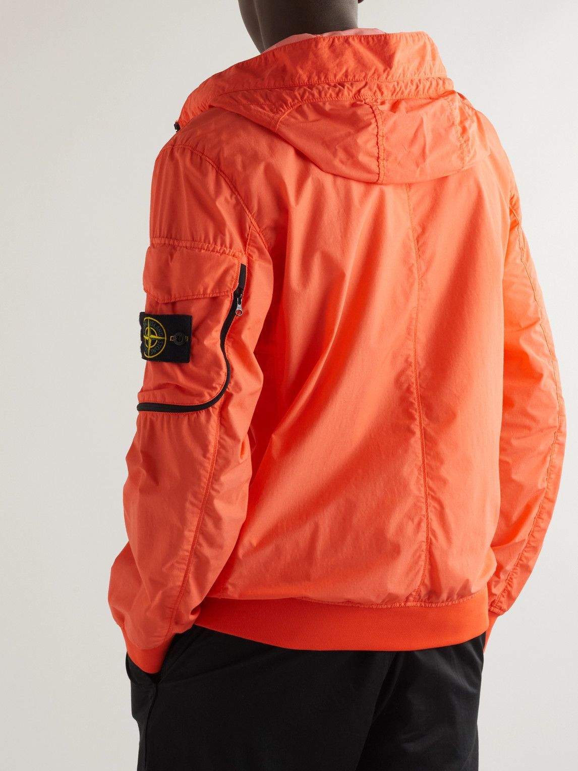 Stone Island Logo Appliqued Shell Hooded Jacket Orange Stone Island