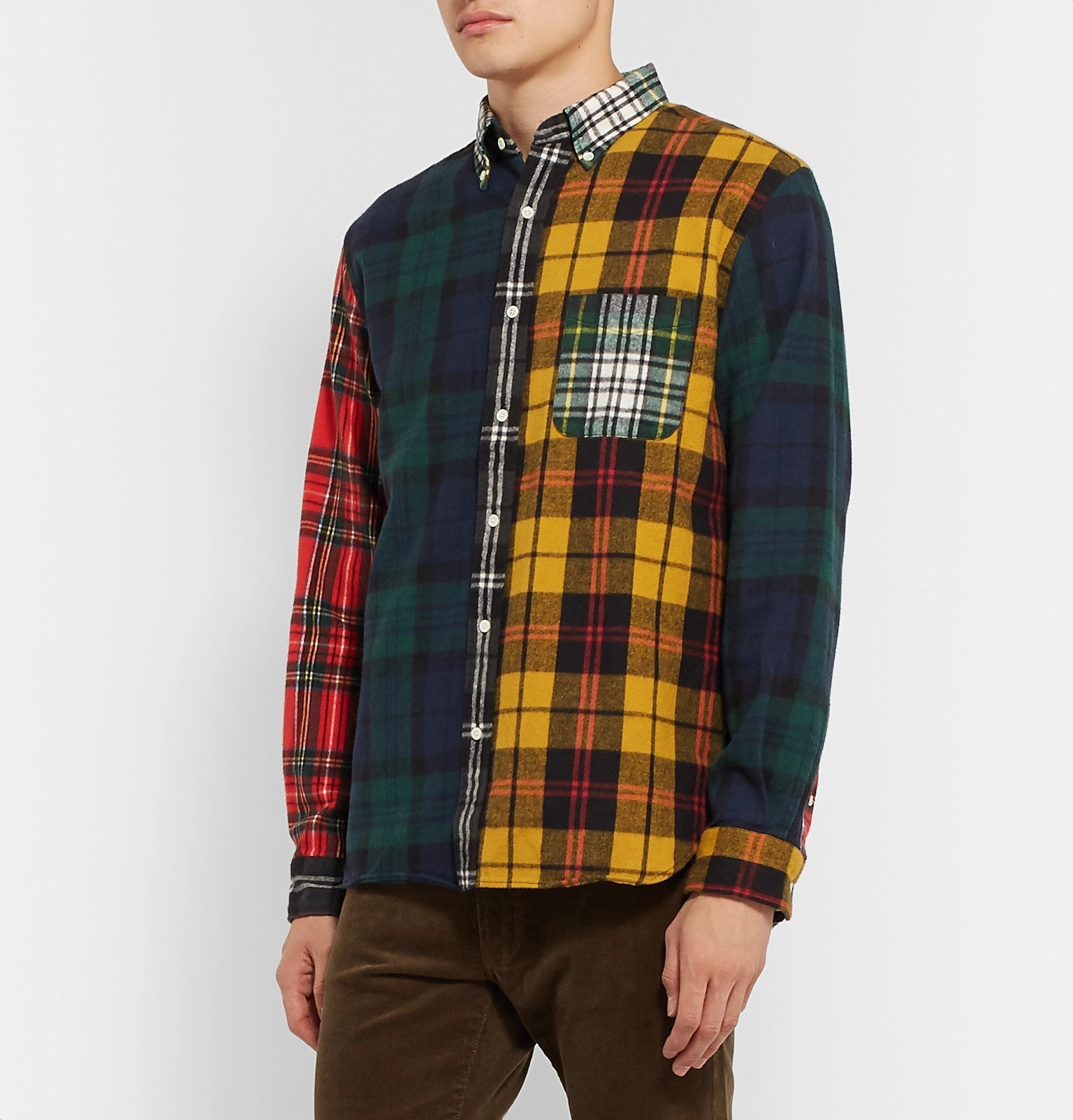 Beams Plus - Button-Down Collar Patchwork Checked Cotton-Flannel