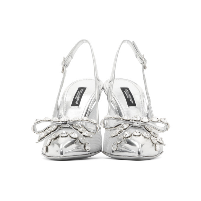 Dolce and Gabbana Silver Mesh Bejewelled Bow Slingback Heels Dolce & Gabbana