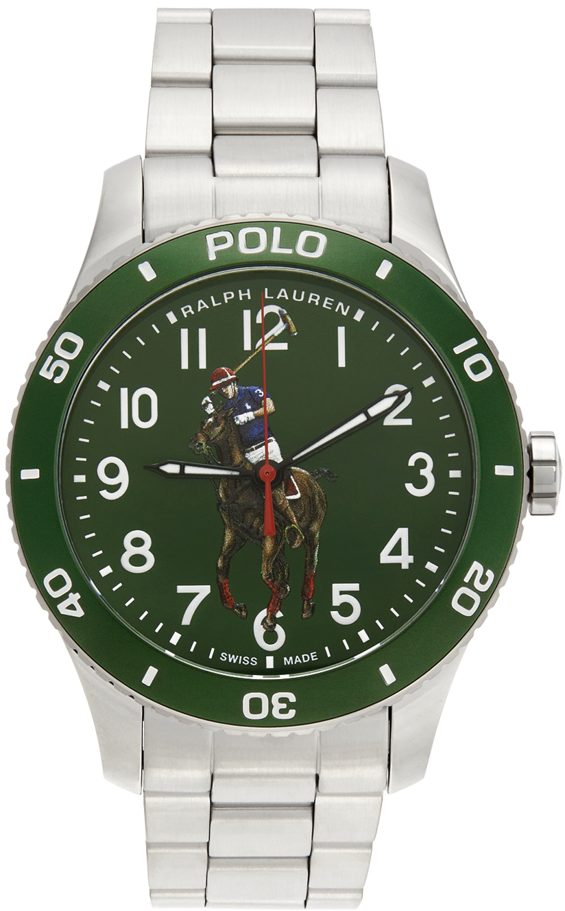 Polo Ralph Lauren Silver & Green Pony Polo 42mm Watch