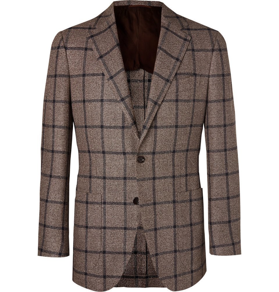 Beams F - Brown Slim-Fit Checked Silk, Linen and Cotton-Blend Blazer ...