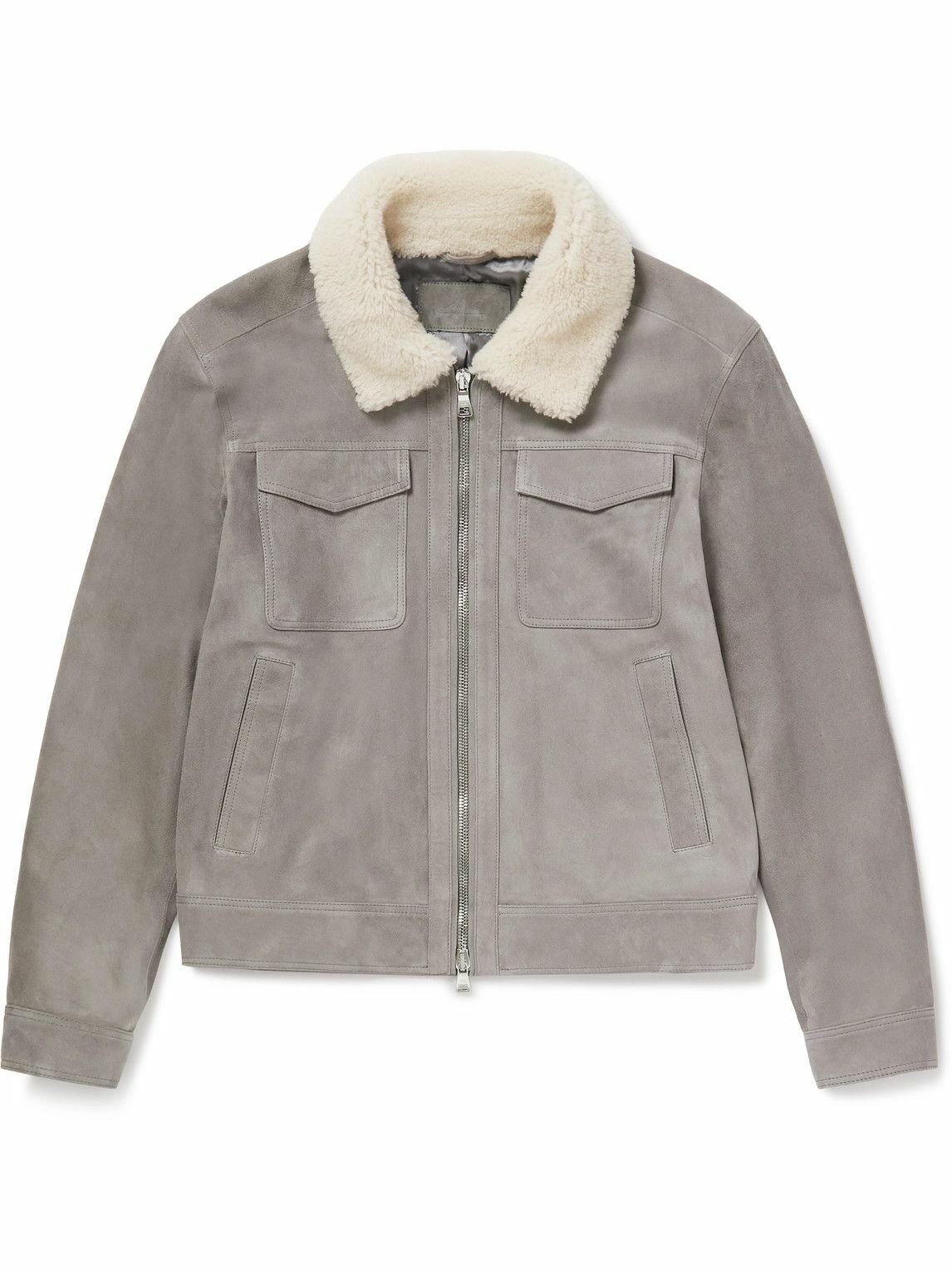 Photo: Mr P. - Shearling-Trimmed Suede Trucker Jacket - Gray