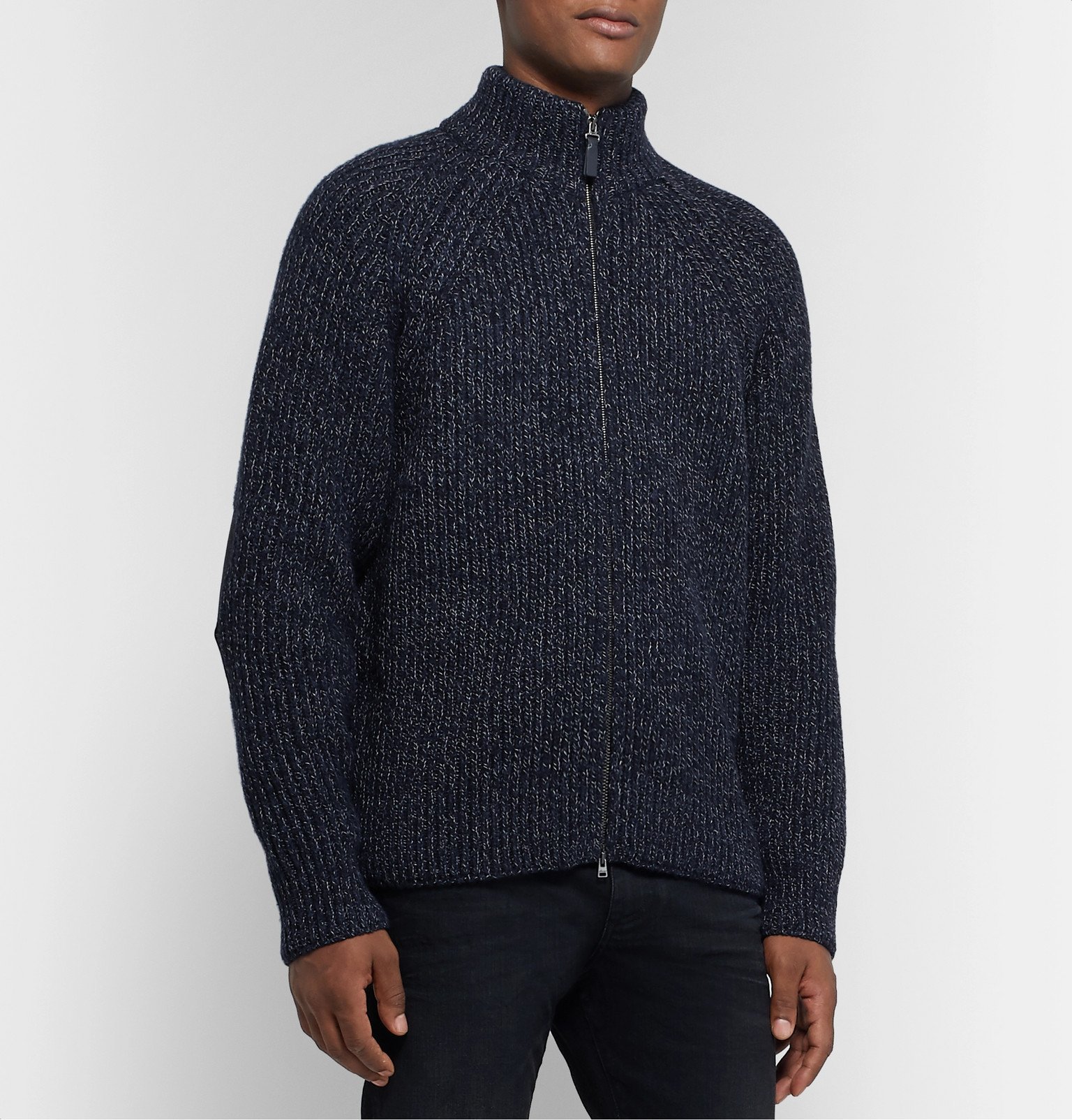 Brioni - Leather-Trimmed Wool Zip-Up Cardigan - Blue Brioni