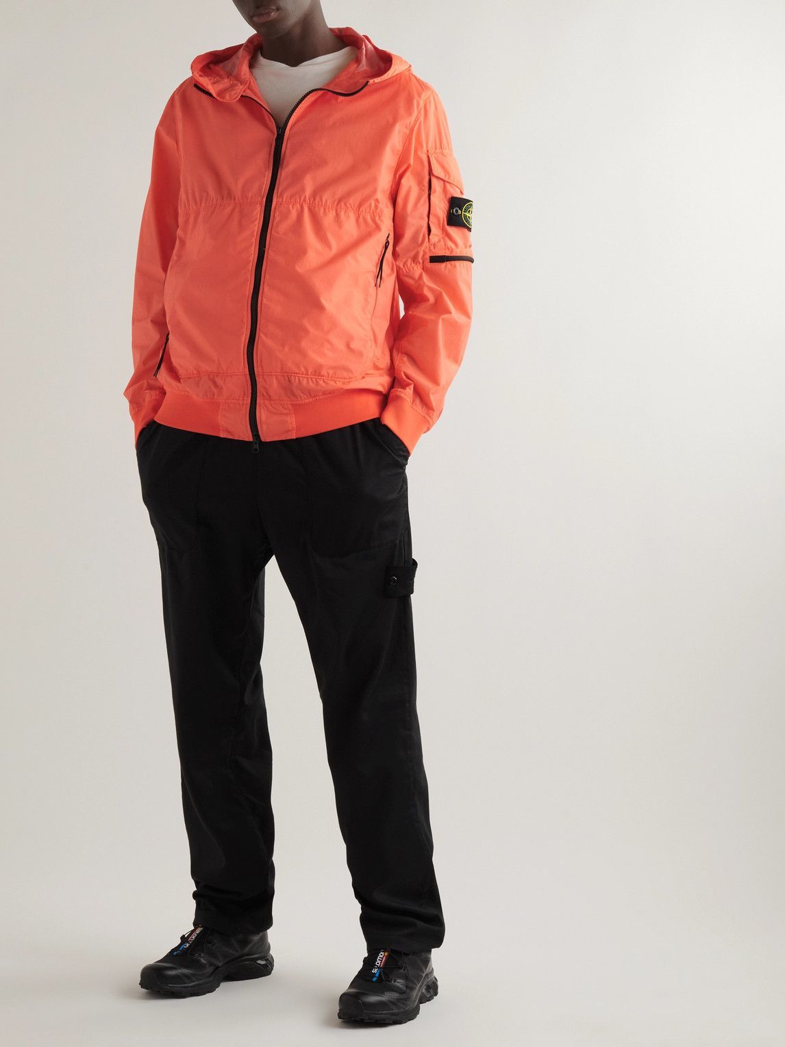 Stone Island Logo Appliqued Shell Hooded Jacket Orange Stone Island