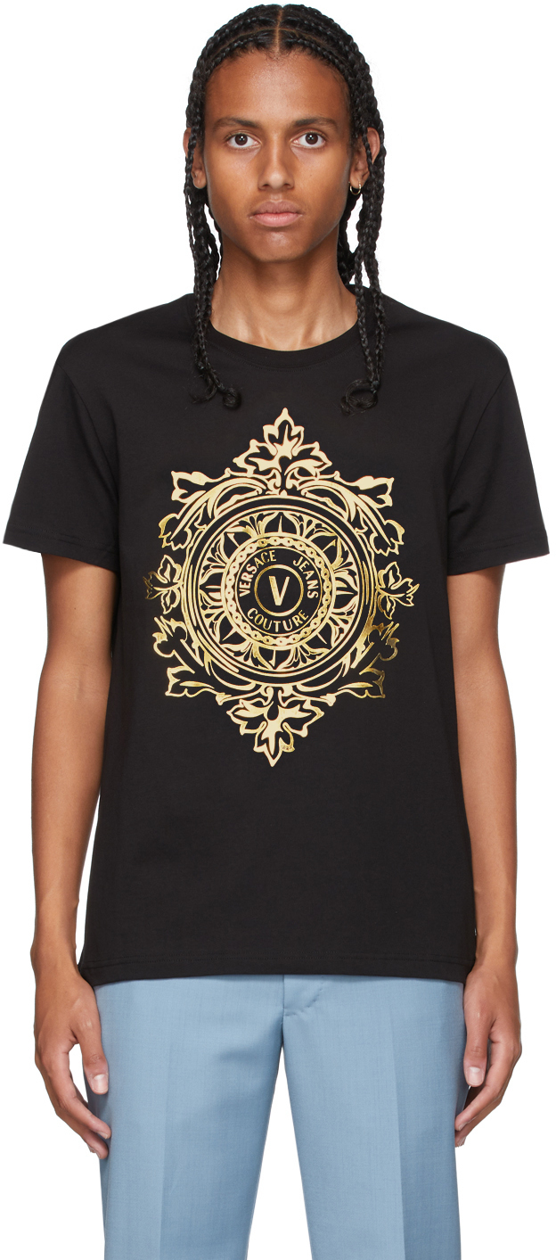 lejr Necklet Brug for Versace Jeans Couture Black & Gold V-Emblem T-Shirt Versace