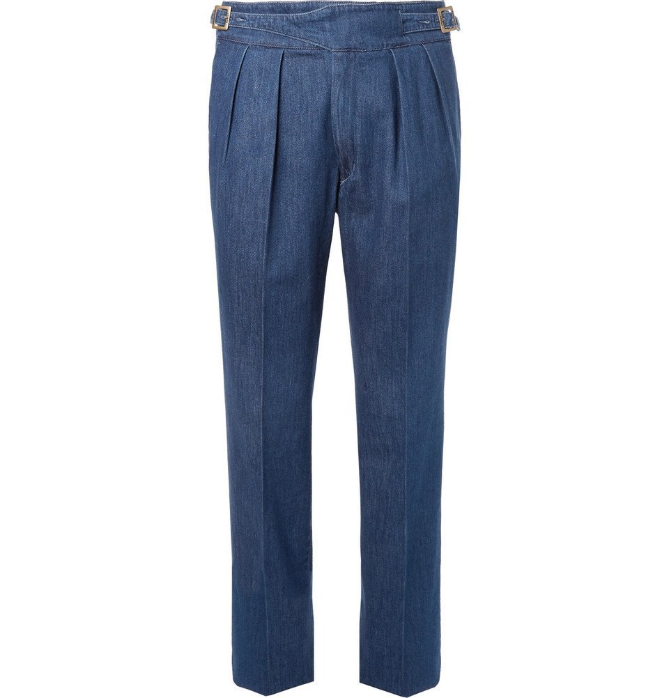 mens pleated denim trousers