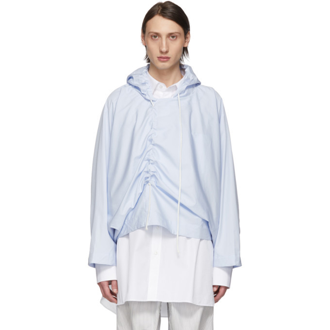 blue hooded shirt