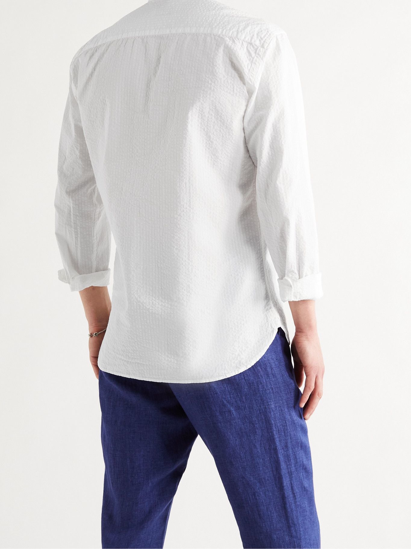 OLIVER SPENCER - Grandad-Collar Cotton-Seersucker Shirt - White