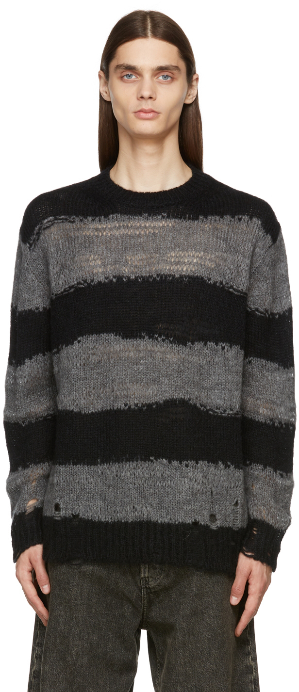 Acne Studios Black & Grey Stripe Distressed Sweater Acne Studios
