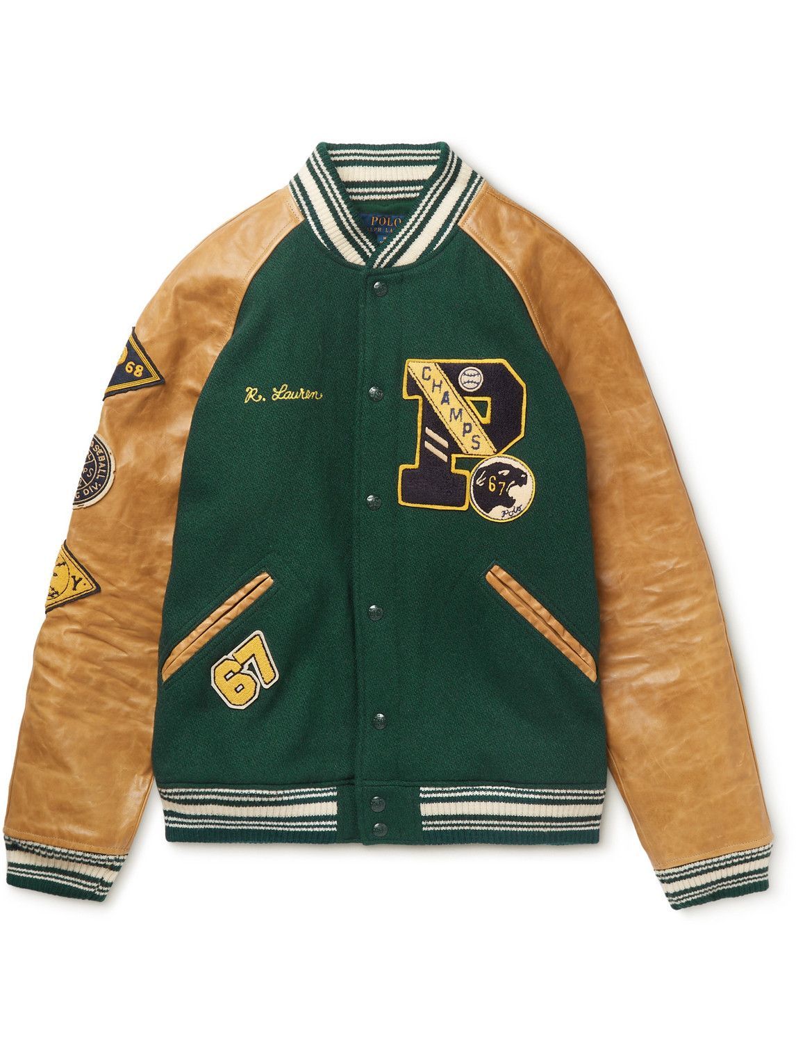 Photo: Polo Ralph Lauren - Logo-Embroidered Appliquéd Wool-Twill and Leather Bomber Jacket - Green