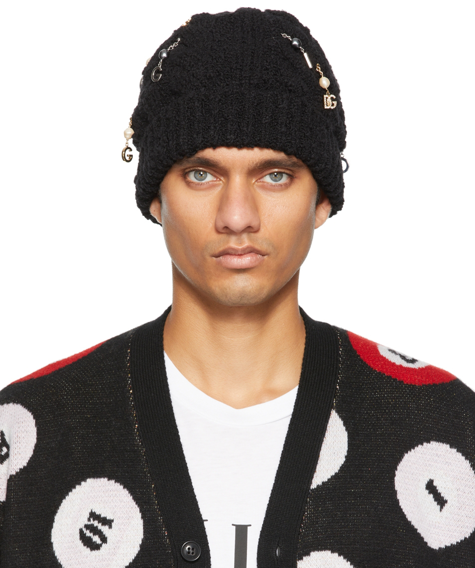 Dolce & Gabbana Black Pearl & Logo Charm Beanie Dolce & Gabbana