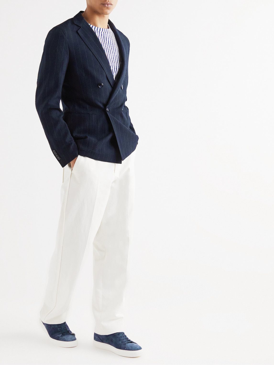 Giorgio Armani - Slim-Fit Unstructured Double-Breasted Strech Cotton-Seersucker  Blazer - Blue Giorgio Armani