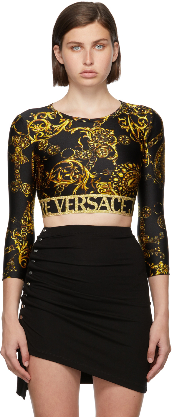 bubbel Zich verzetten tegen Bemiddelaar Versace Jeans Couture Black & Gold Regalia Baroque Crop Long Sleeve T-Shirt  Versace