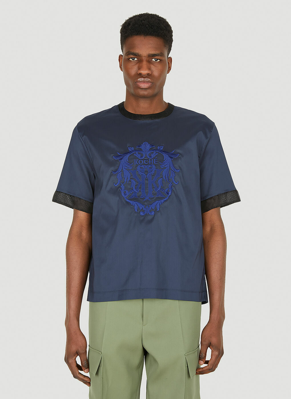 Contrast-Cuff Logo Embroidered T-Shirt in Blue Koché