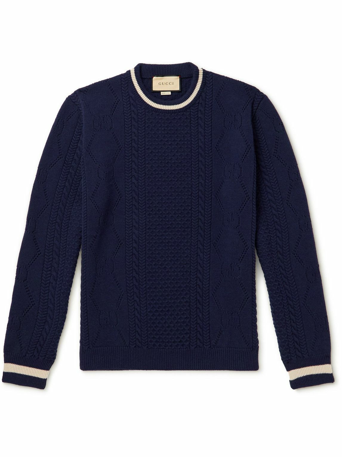GUCCI Cable and PointelleKnit Wool Sweater Blue Gucci