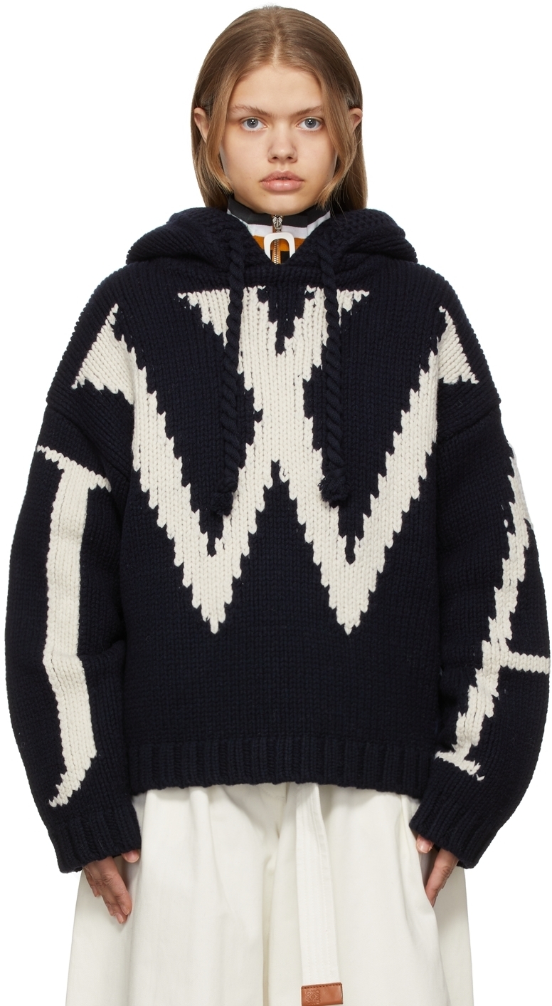 JW Anderson Navy Chunky Knit Logo Hoodie JW Anderson