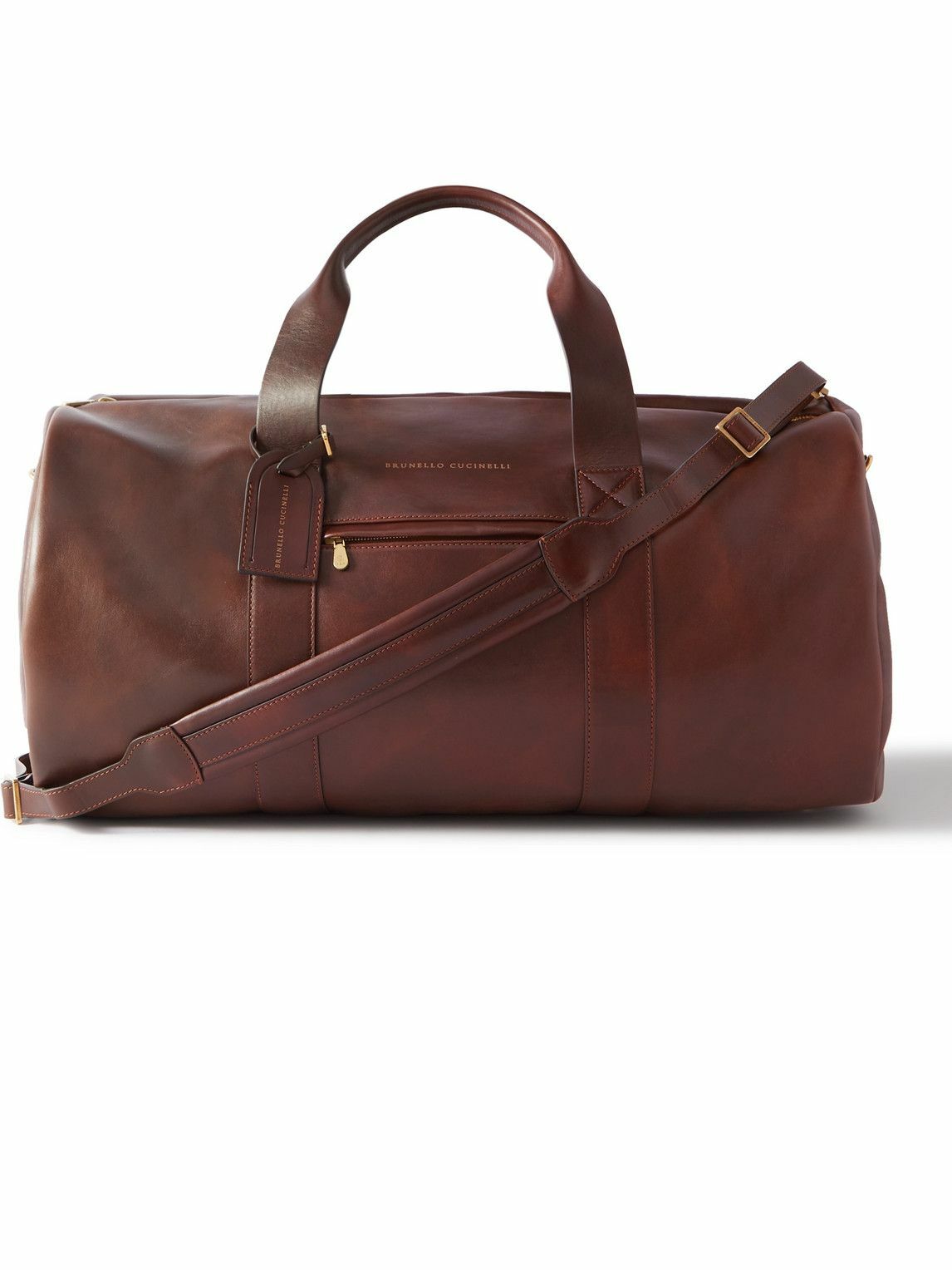 Brunello Cucinelli - Vitello Nuvolato Logo-Print Leather Duffle Bag ...