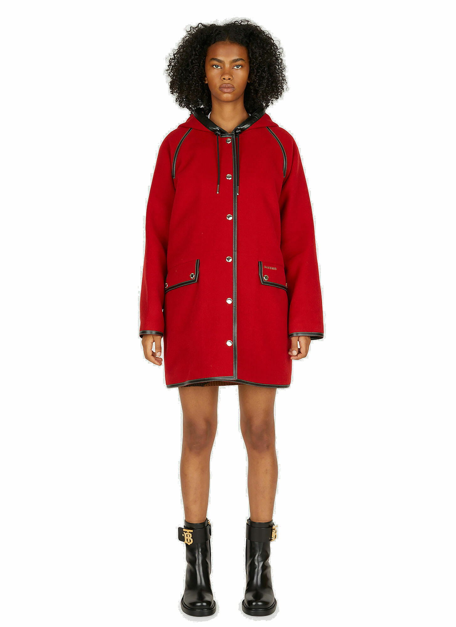 Photo: Contrast Trim Hooded Coat in Red