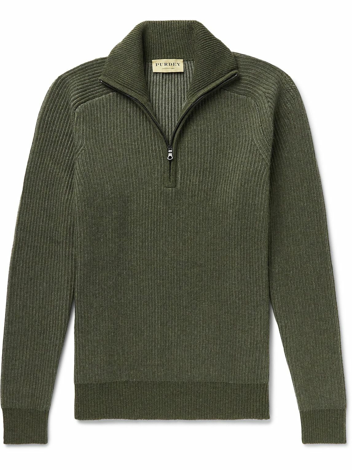 Purdey - Ribbed Cashmere Half-Zip Sweater - Green Purdey